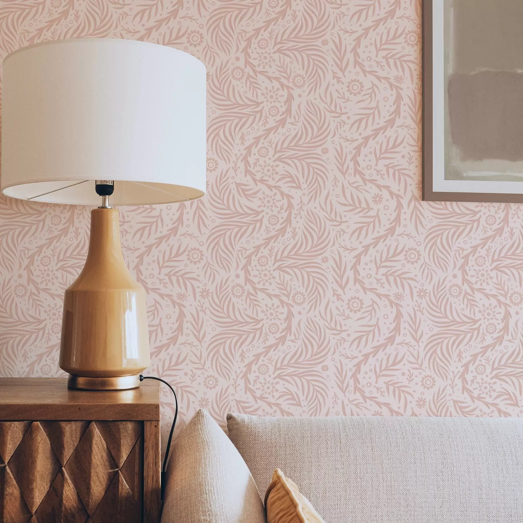 stenske poslikave Bledo rožnati cvetlični elementi na rožnatem ozadju a00290