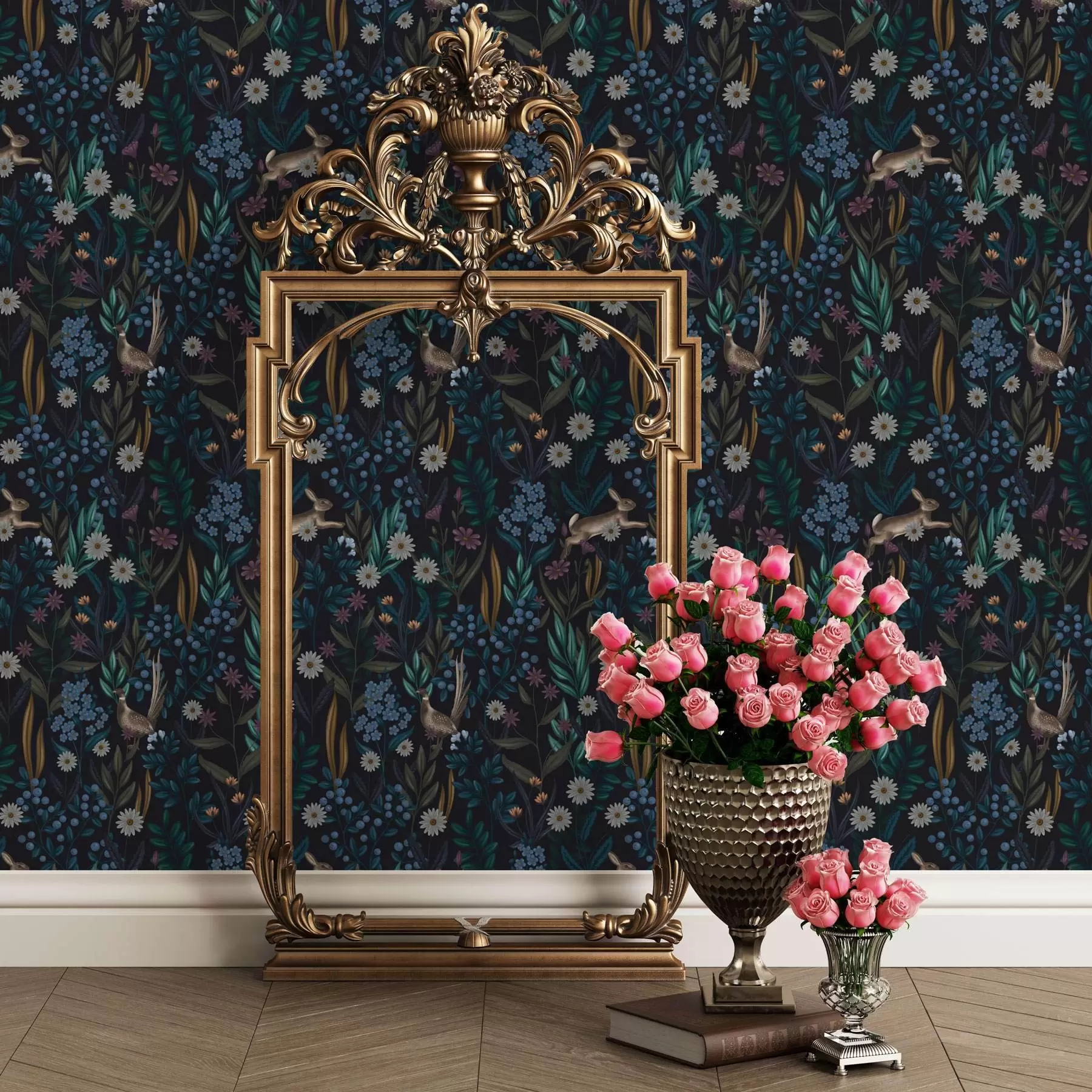 stenske poslikave Temni gozd s cvetjem, zajcem in ptico a00310