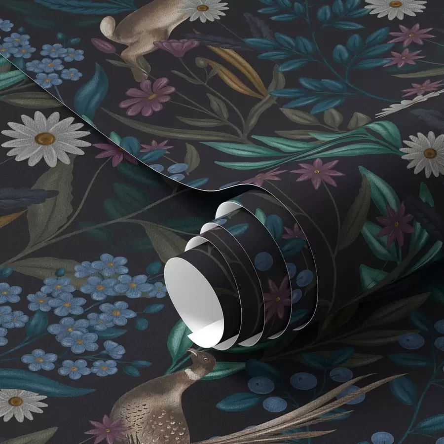 stenske poslikave Temni gozd s cvetjem, zajcem in ptico a00310