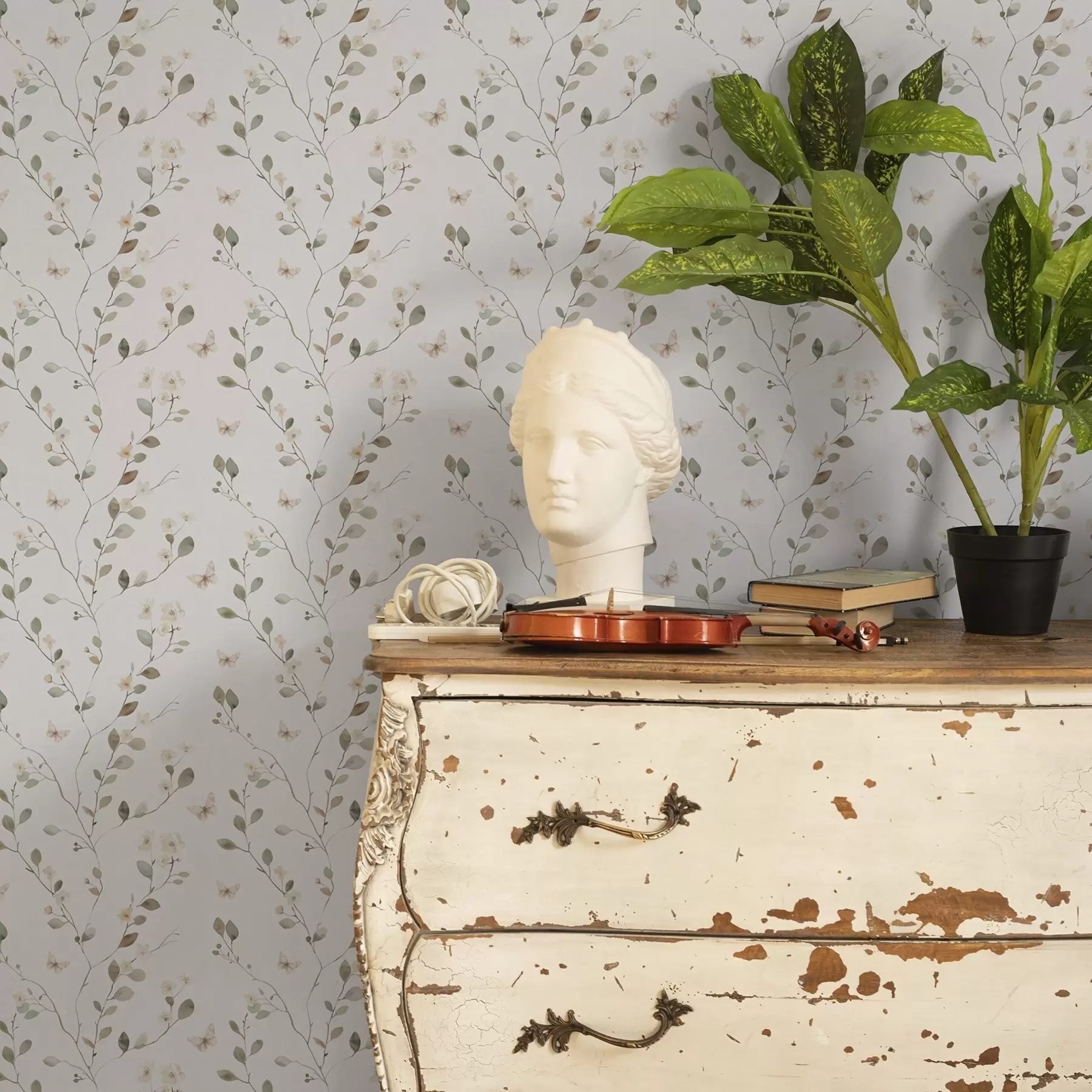 stenske poslikave Tanke veje s cvetjem in metulji na belem ozadju a00342