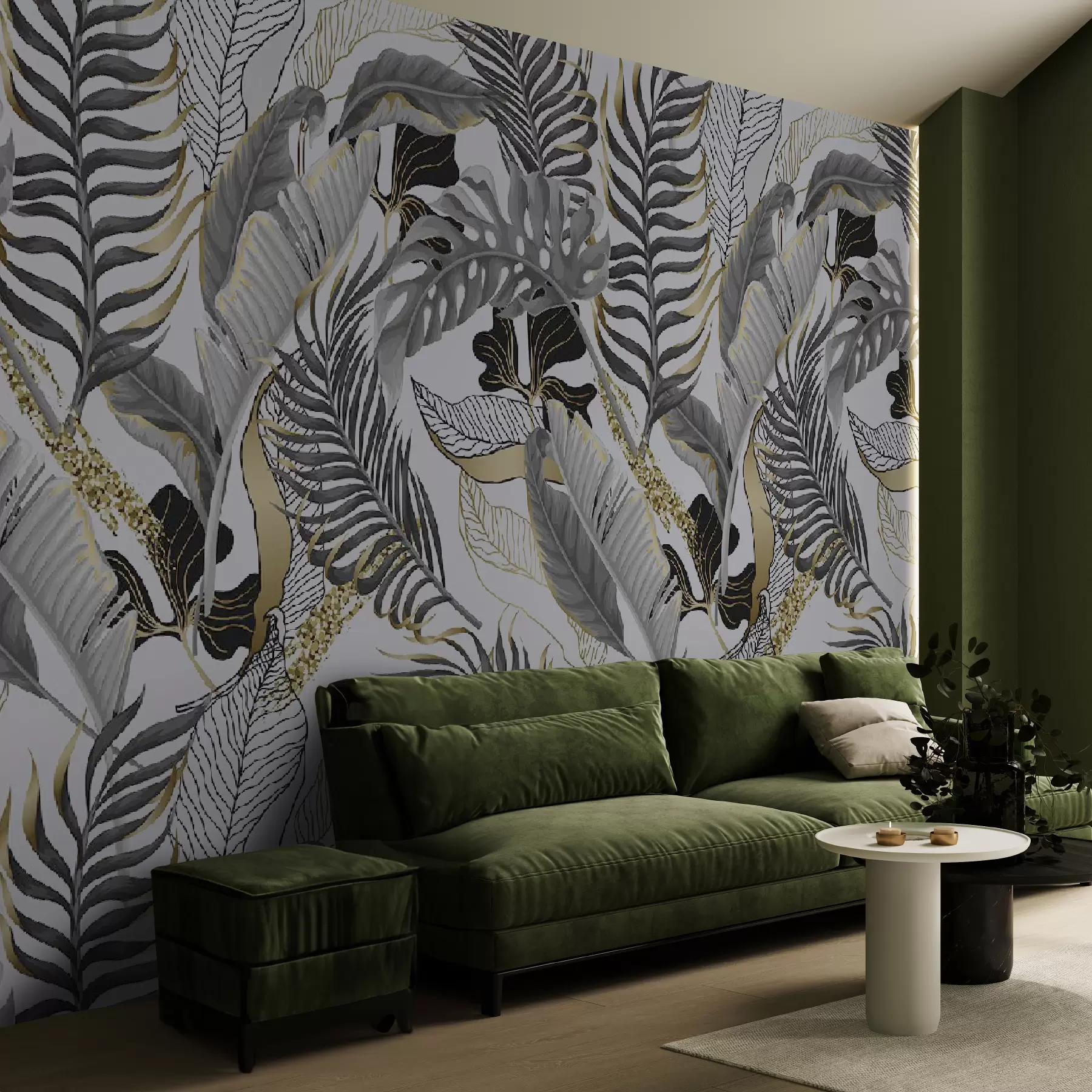 stenske poslikave Tropski listi sive barve na belem ozadju u71888