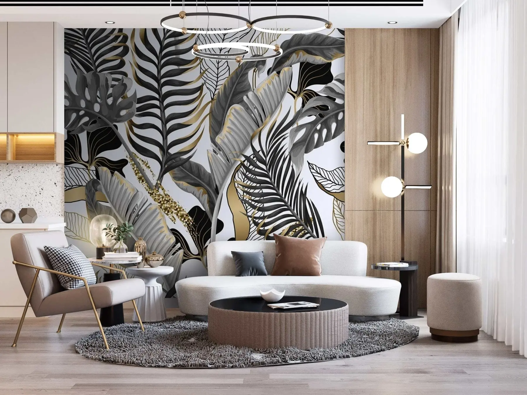 stenske poslikave Tropski listi sive barve na belem ozadju u71888