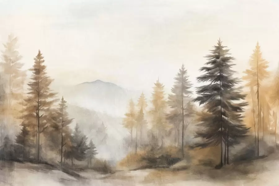 stenske poslikave Teksturiran jesenski gozd z visokimi borovci in gorami v ozadju, barve so umirjene in zemeljske v slogu slikarstva w09290