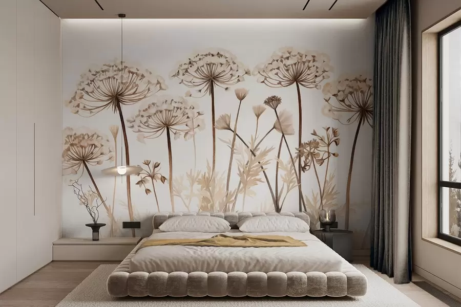 stenske poslikave Čipka kraljice Ane cvetovi na polju, teksturirana imitacija slike, rjava, bež in bela barvna paleta, botanična ilustracija w09294