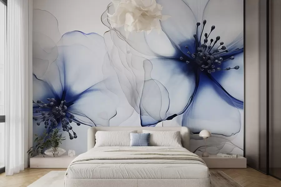 stenske poslikave Dva prosojna modra cvetova z vidnimi peclji, prekrivajočimi se nežnimi cvetnimi listi in mehko tekočo teksturo w09295v1