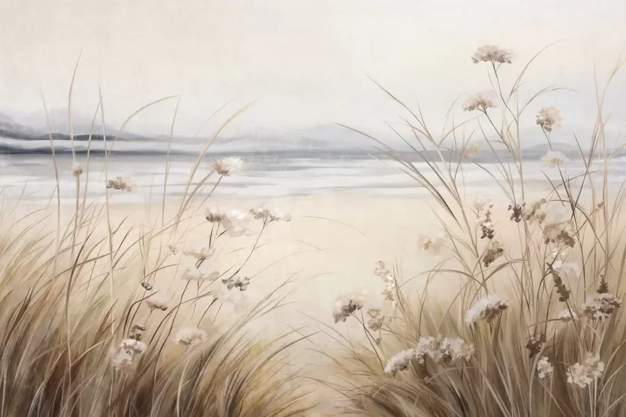 stenske poslikave Pšenično polje z belim cvetjem v ospredju, plaža in ocean v ozadju, nevtralne pastelne umirjene barve w09298