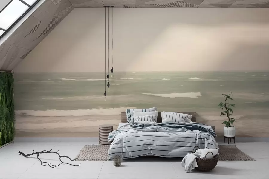 stenske poslikave Mehka rožnato-zelena morska pokrajina z nežnimi valovi w04348