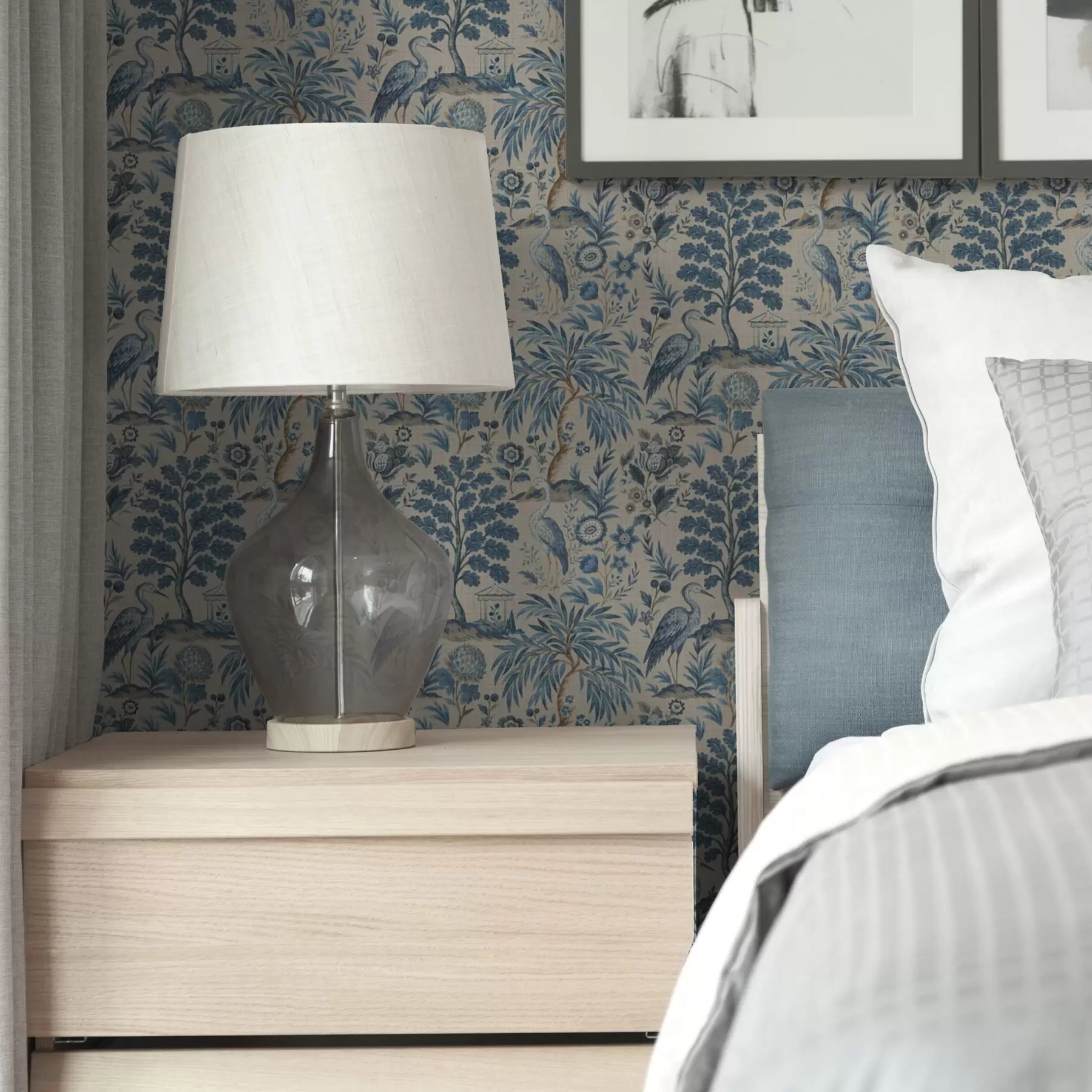 stenske poslikave Toile de Jouy z modrimi pticami in tropskimi drevesi a00382