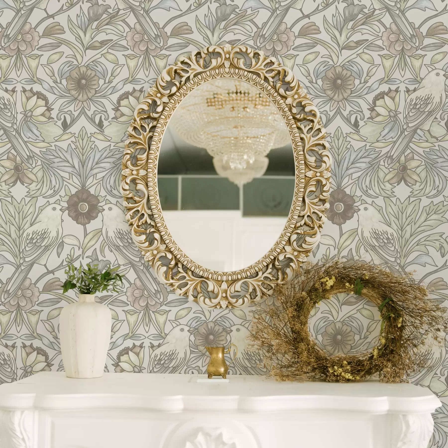 stenske poslikave Secesijske ptice in pastelno stilizirano cvetje a00385