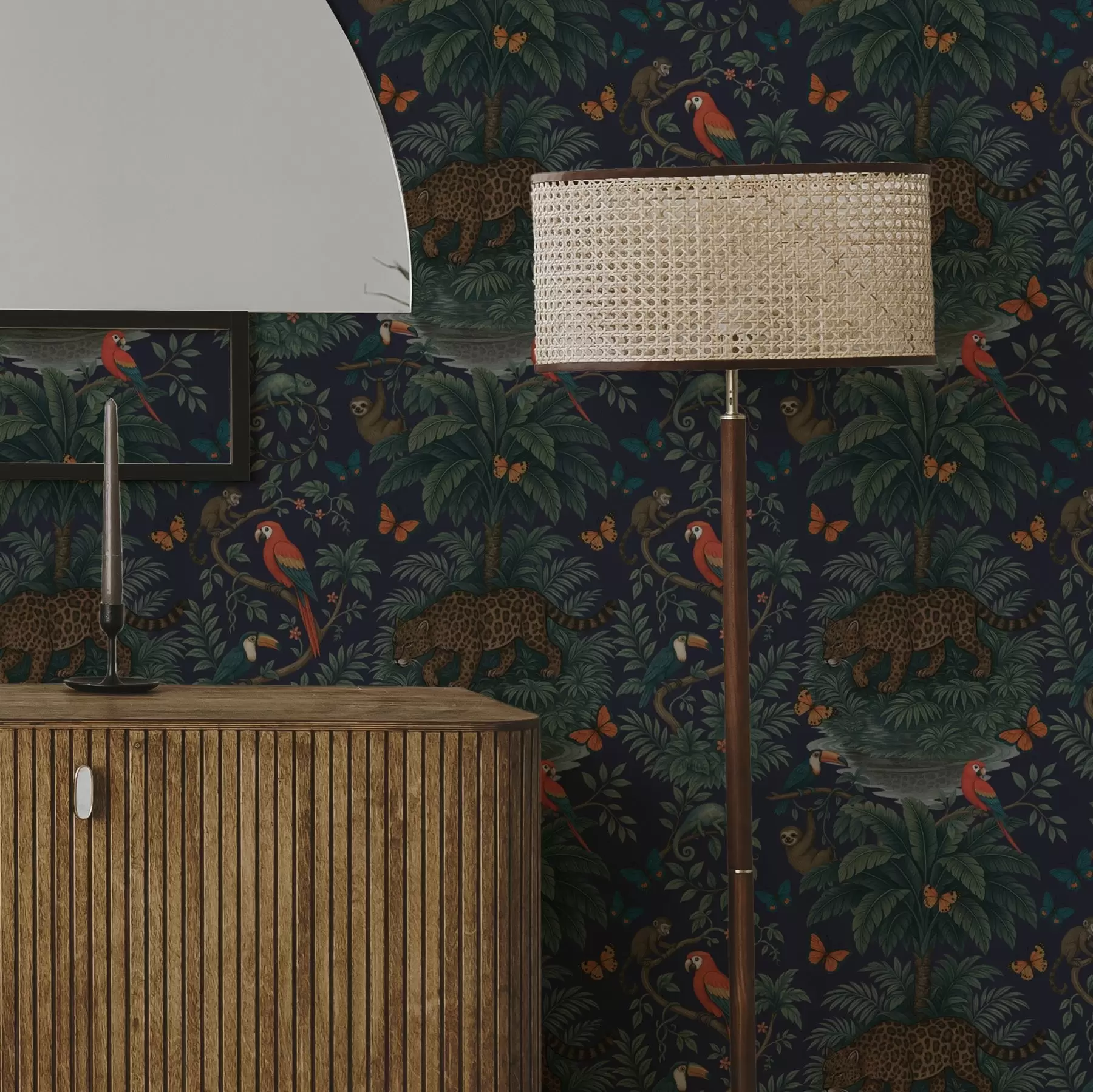 stenske poslikave Tropska džungla z leopardom, leopardom, papagaji in metulji a00388