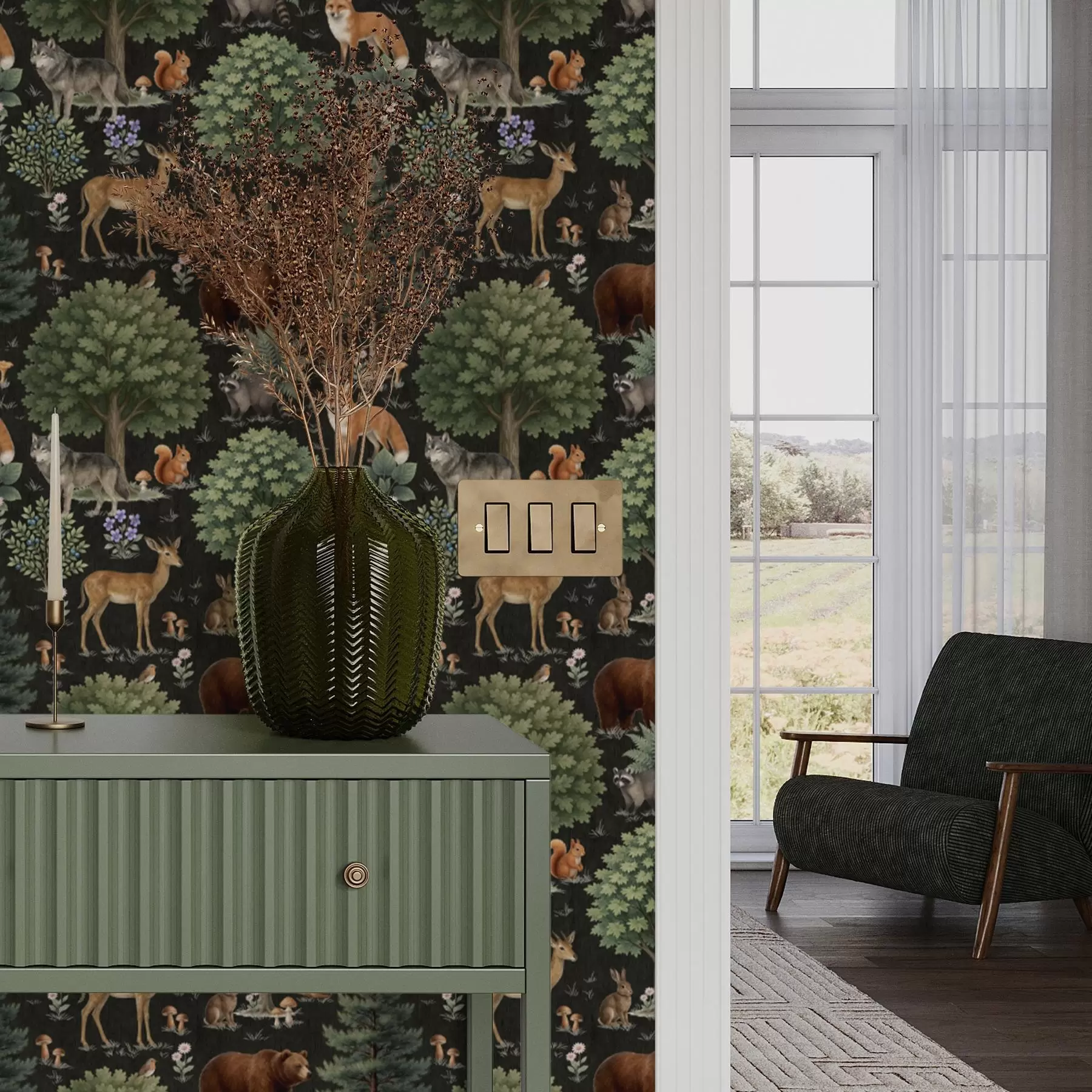 stenske poslikave Akvarelne gozdne živali z drevesi in gobami a00391