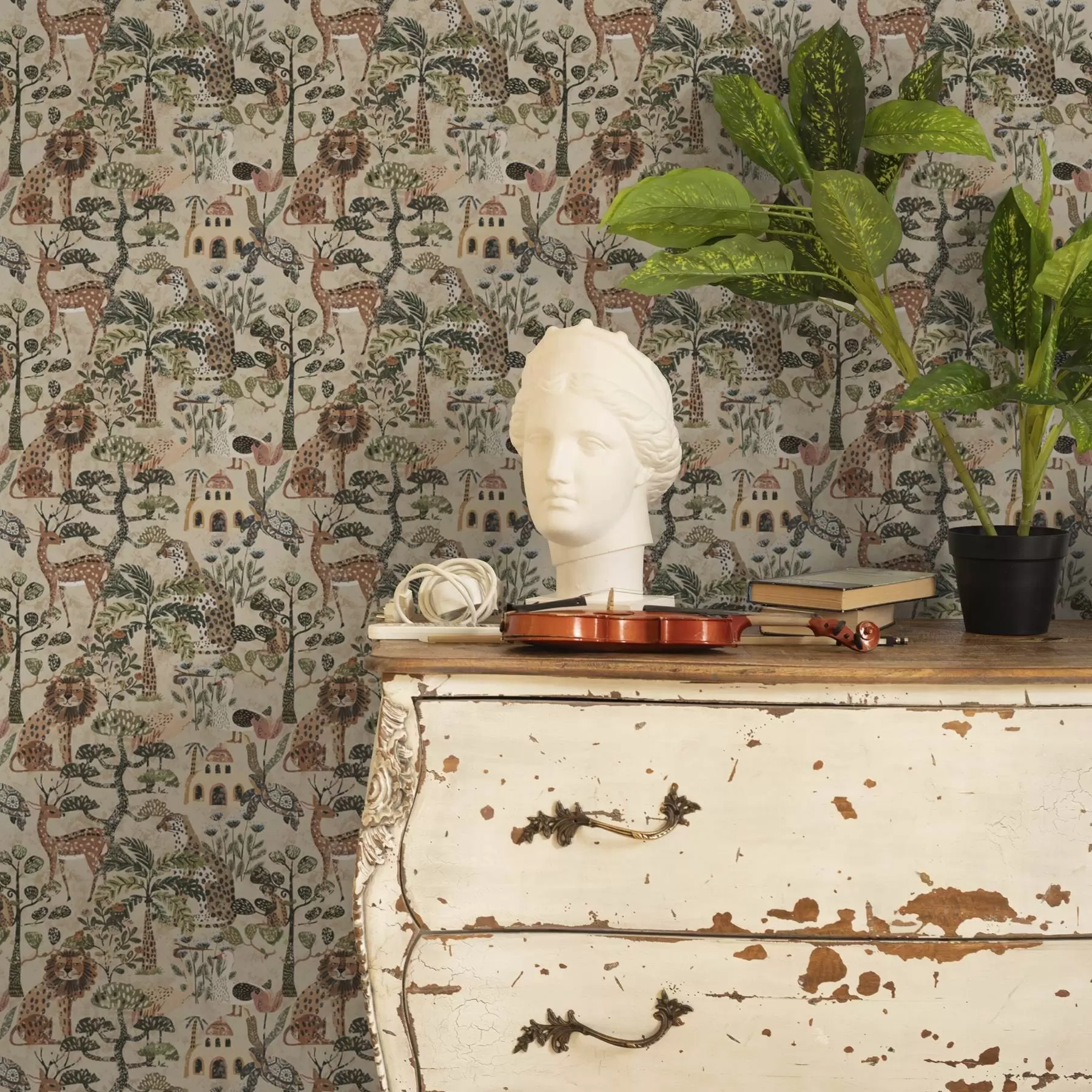 stenske poslikave Živali safarija in listi savane v toplih zemeljskih odtenkih a00392