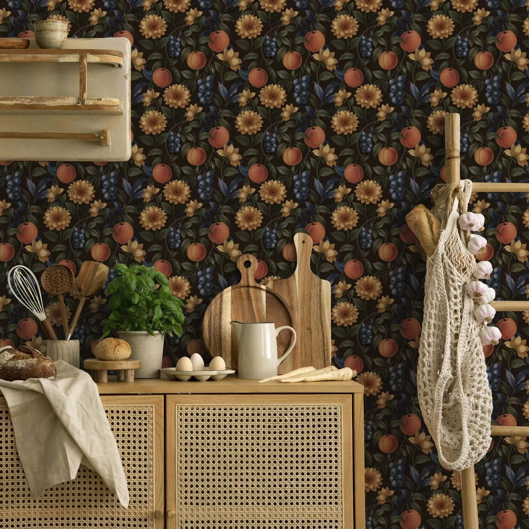 stenske poslikave Sadje in rumeni cvetovi na temnem botaničnem ozadju a00395