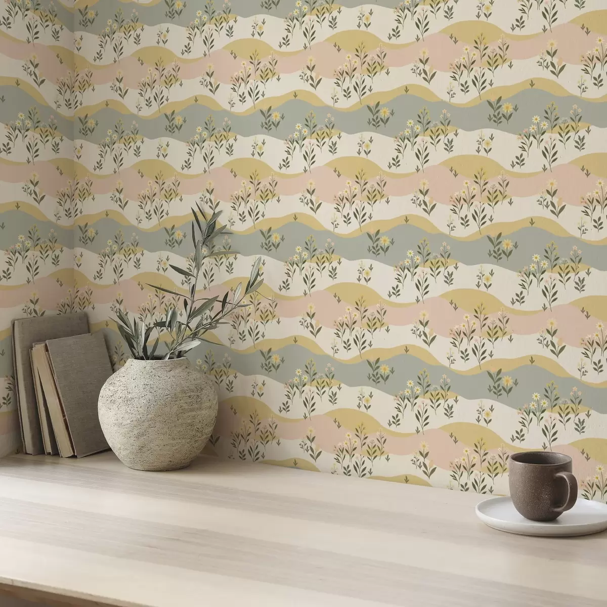 Ozadje Valovite travniške rože v pastelnem minimalističnem slogu a00396