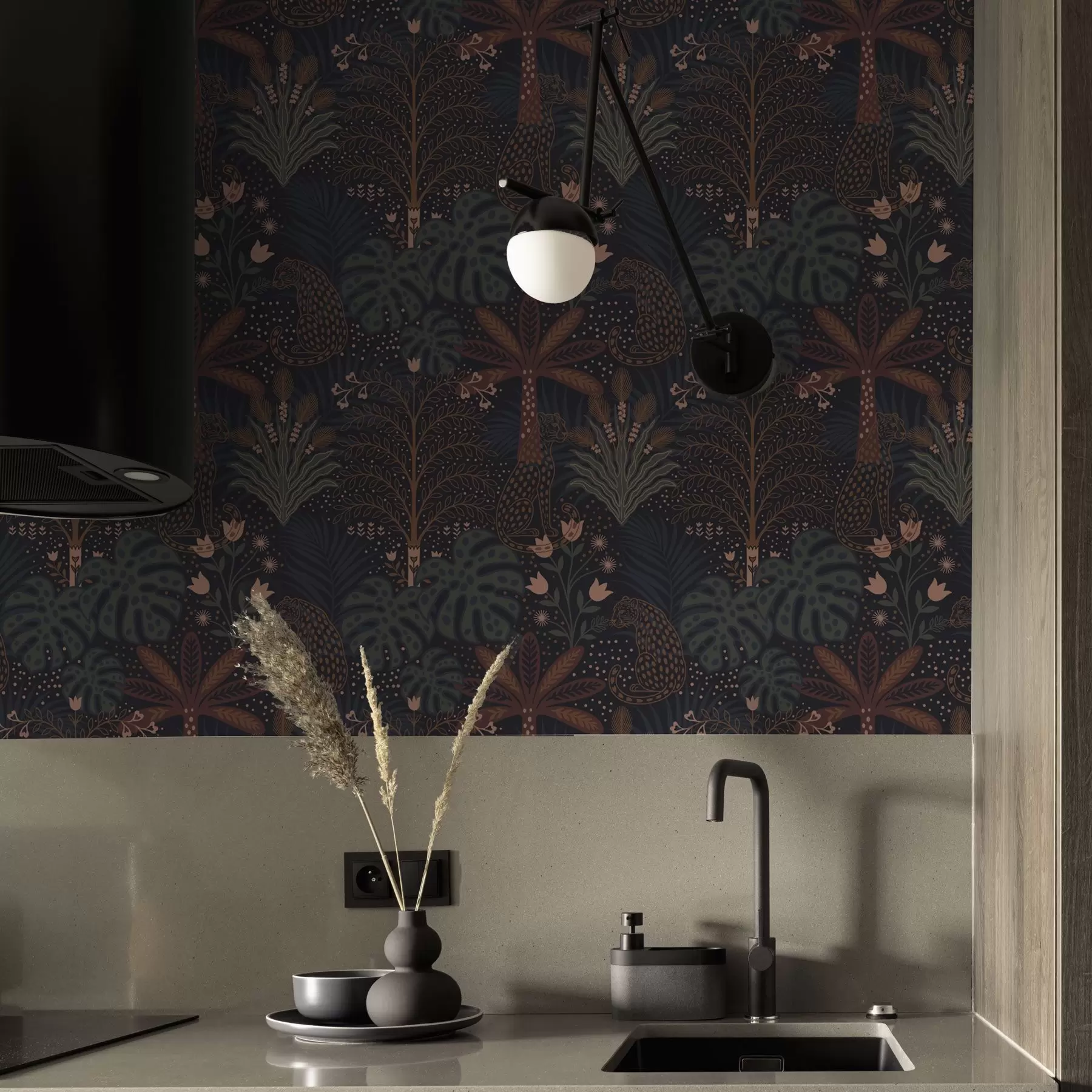 stenske poslikave Temna džungla z leopardi palmami in cvetjem a00424