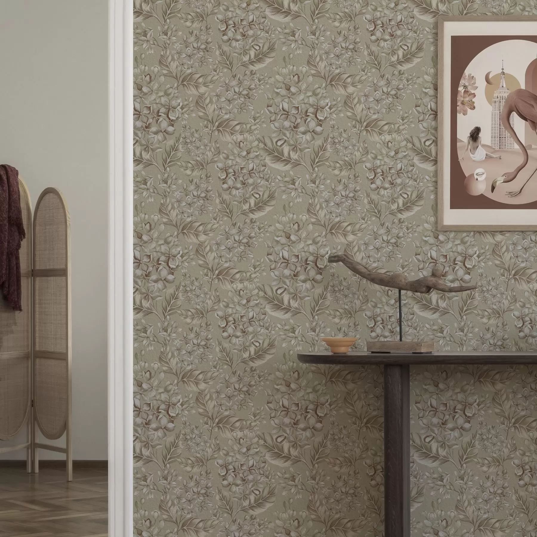 stenske poslikave Bež veje z belimi cvetovi v toplih odtenkih a00441