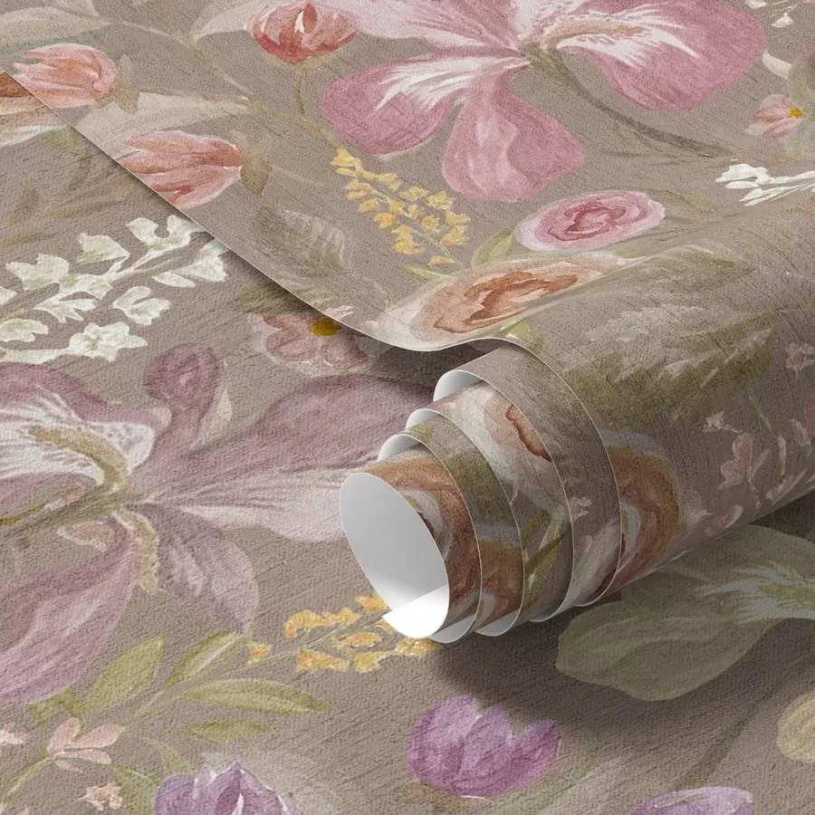 stenske poslikave Vintage roza iris cvetlični vzorec na bež teksturiranem ozadju a00457