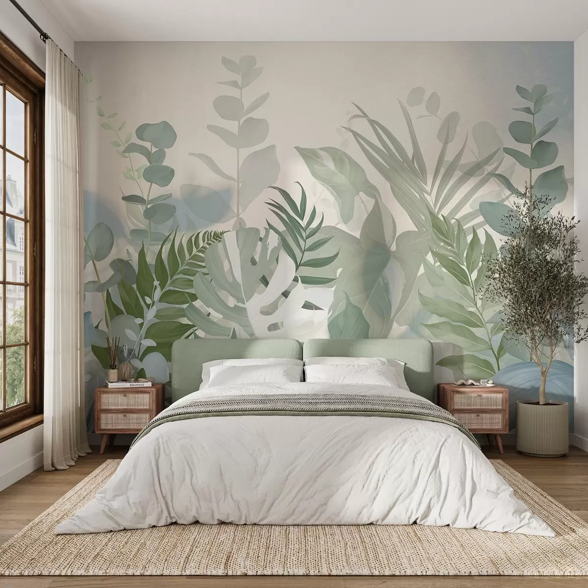 stenske poslikave Pastelno zelene rastline praproti, monstera in evkaliptus, svetlo teksturirano ozadje, mehka osvetlitev, mirno , botanična ilustracija w09316