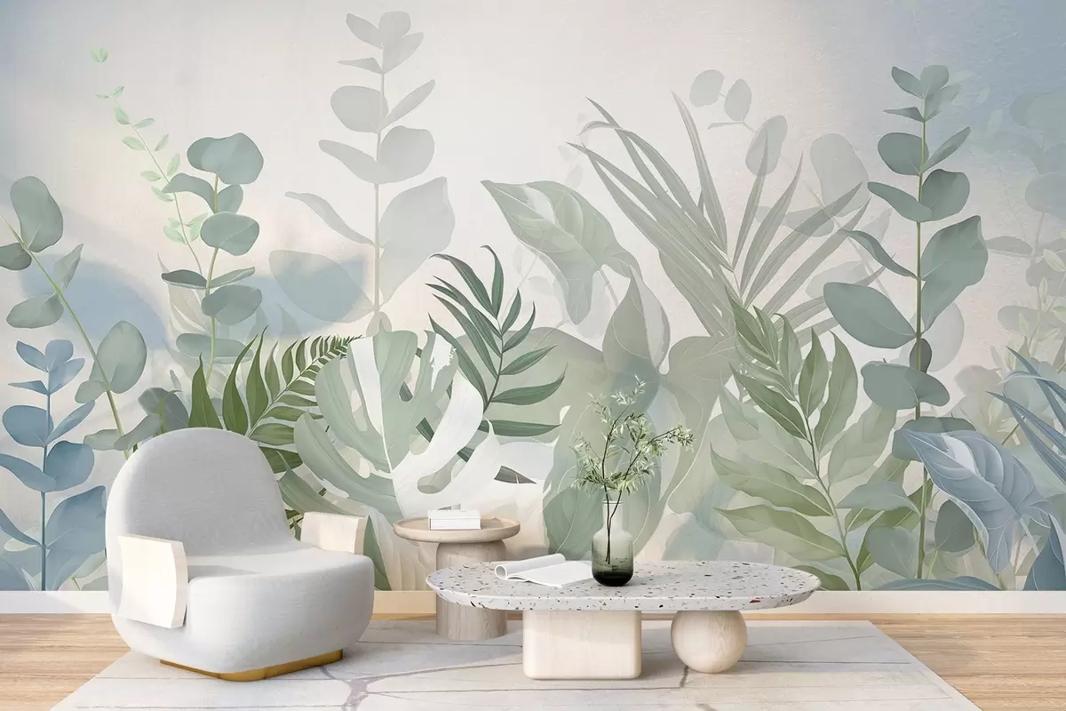stenske poslikave Pastelno zelene rastline praproti, monstera in evkaliptus, svetlo teksturirano ozadje, mehka osvetlitev, mirno , botanična ilustracija w09316