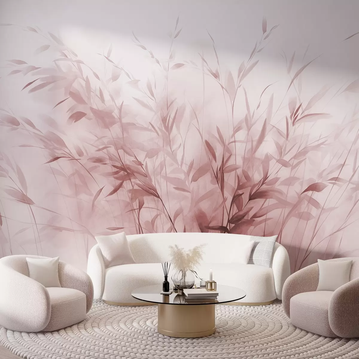 stenske poslikave Trava in plevel s tankimi listi in stebli, svetlo rožnate barve, mehke in nežne poteze čopiča, minimalistični tisk w09342v2