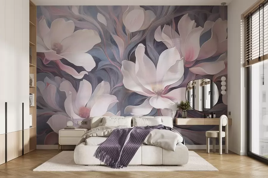 stenske poslikave Teksturirana slika belih cvetov magnolije z rožnatimi poudarki na ozadju vrtinčastih, utišanih modrih in sivih tonov w09344