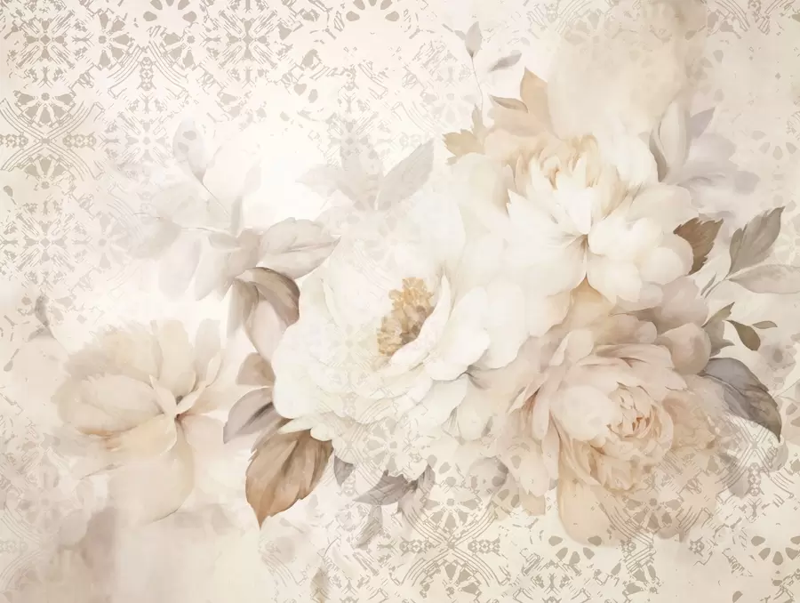 stenske poslikave Cvetlični aranžma iz belih pivonik z bež listi na dekorativnem ozadju z vintage teksturo w09345
