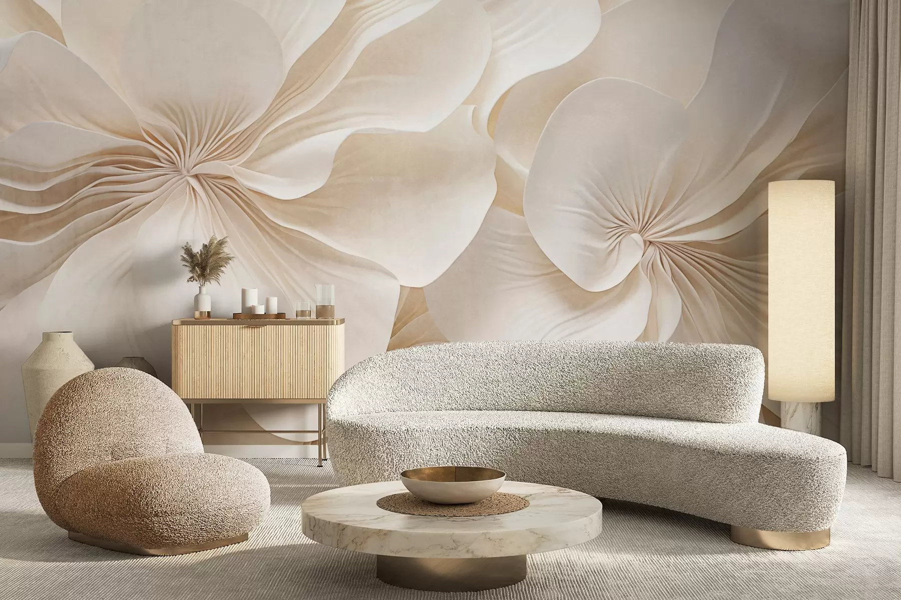 stenske poslikave Bližnji pregled kremastih teksturiranih cvetov z nežnimi, tekočimi cvetnimi lističi, ki ustvarjajo mehak, eleganten in teksturiran cvetlični aranžma w09346