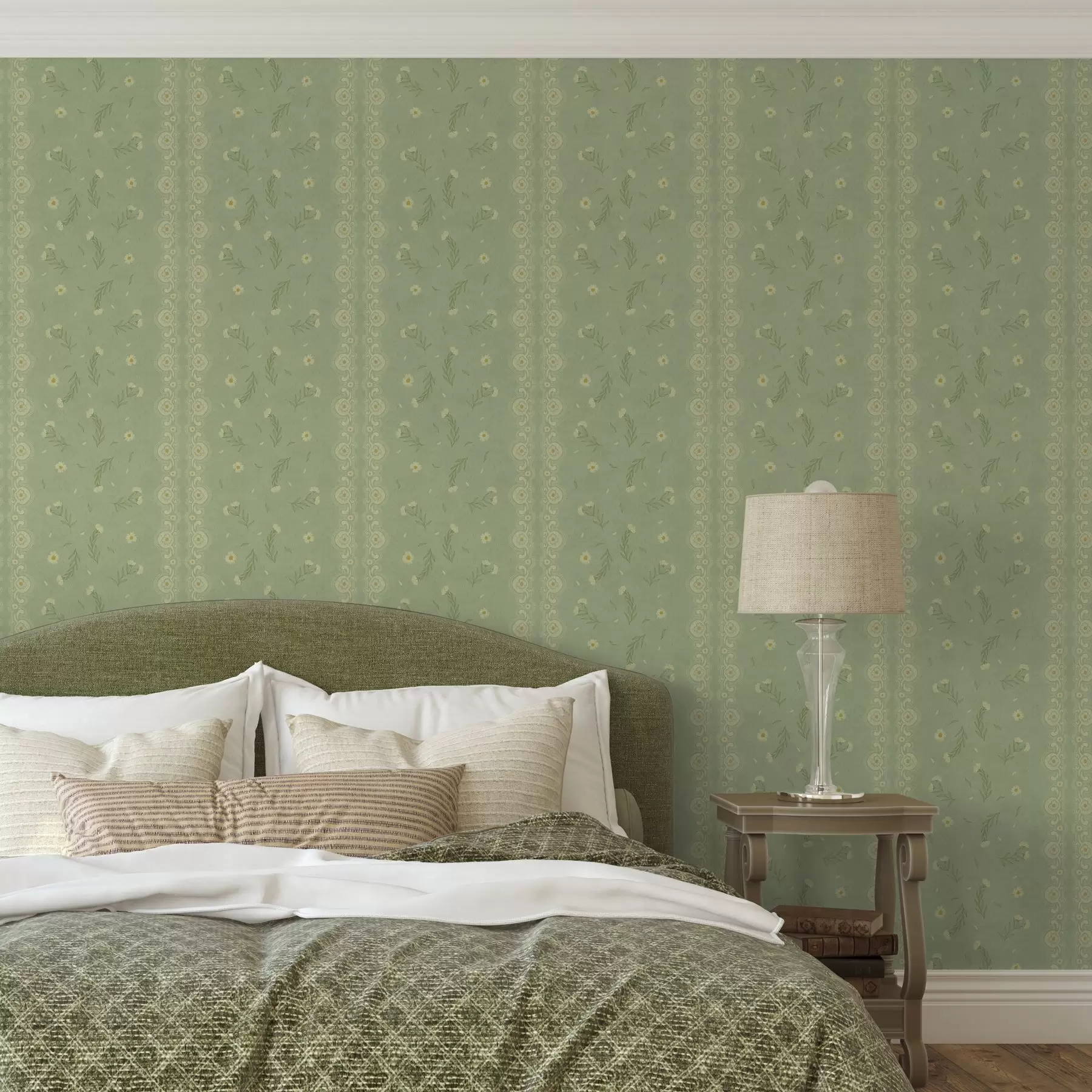 stenske poslikave Zeleno ozadje z marjeticami in čipkastim robom a00291