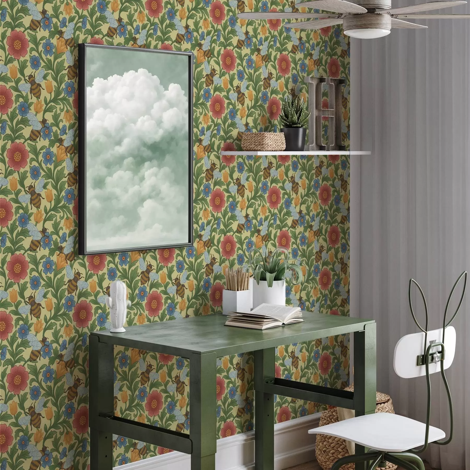 stenske poslikave Svetli cvetovi z velikimi čebelami a00315