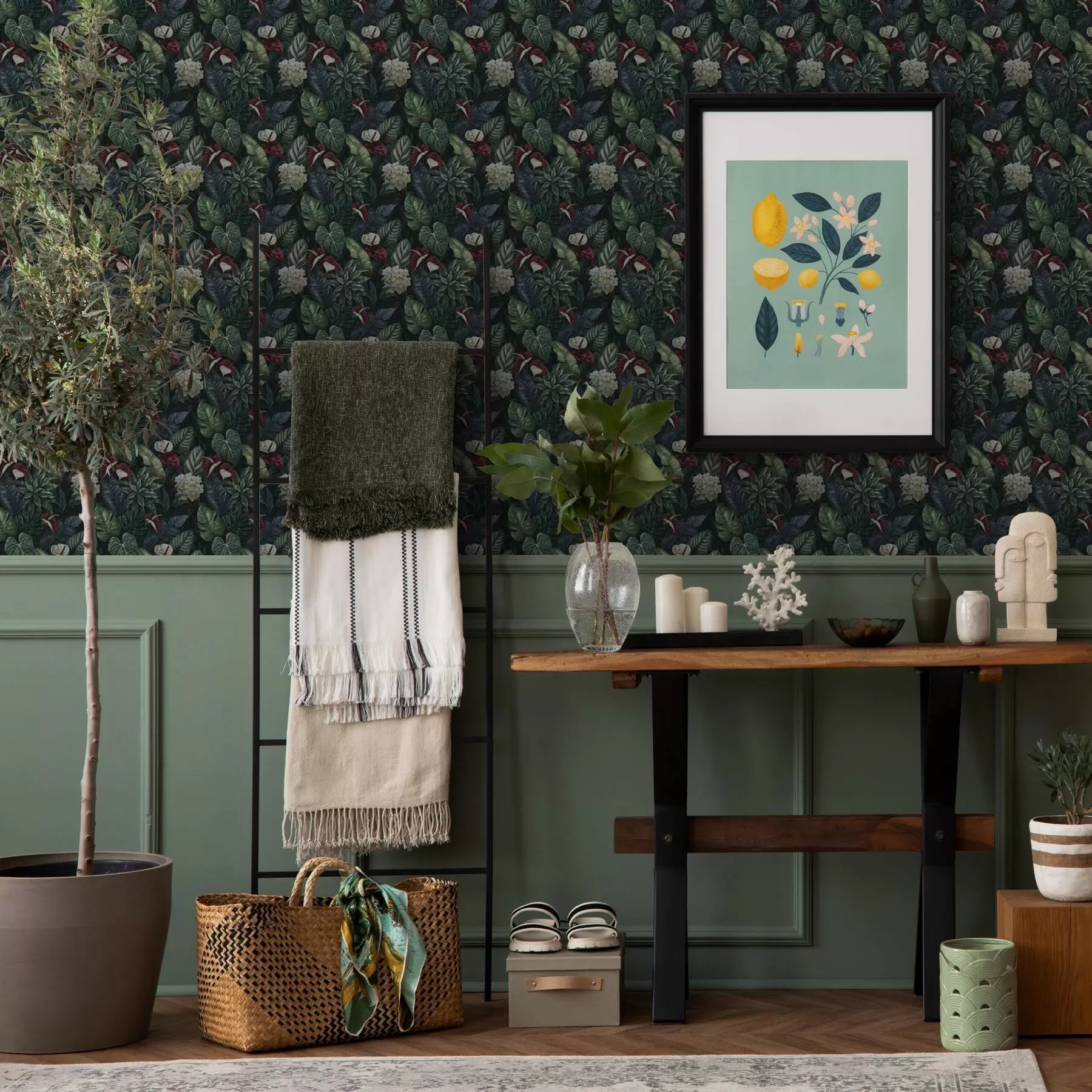 stenske poslikave Tropski listi z belimi in rdečimi cvetovi a00361