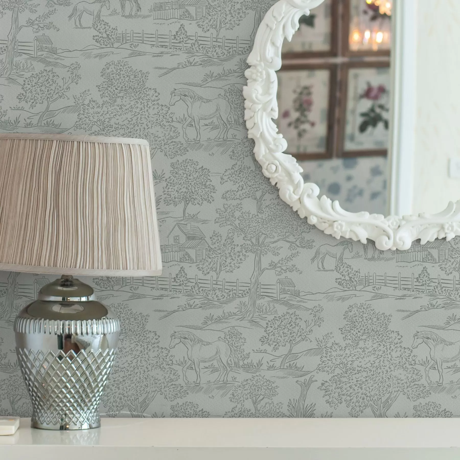 stenske poslikave Zelena enobarvna pokrajina s konji in hišicami a00407