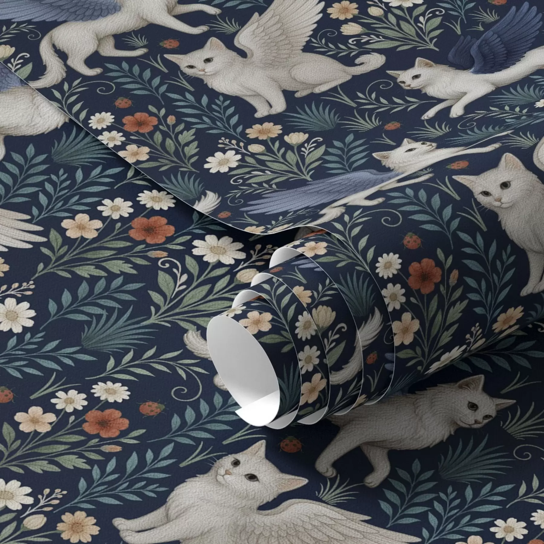 stenske poslikave Fantastične mačke s krili med rožami a00408