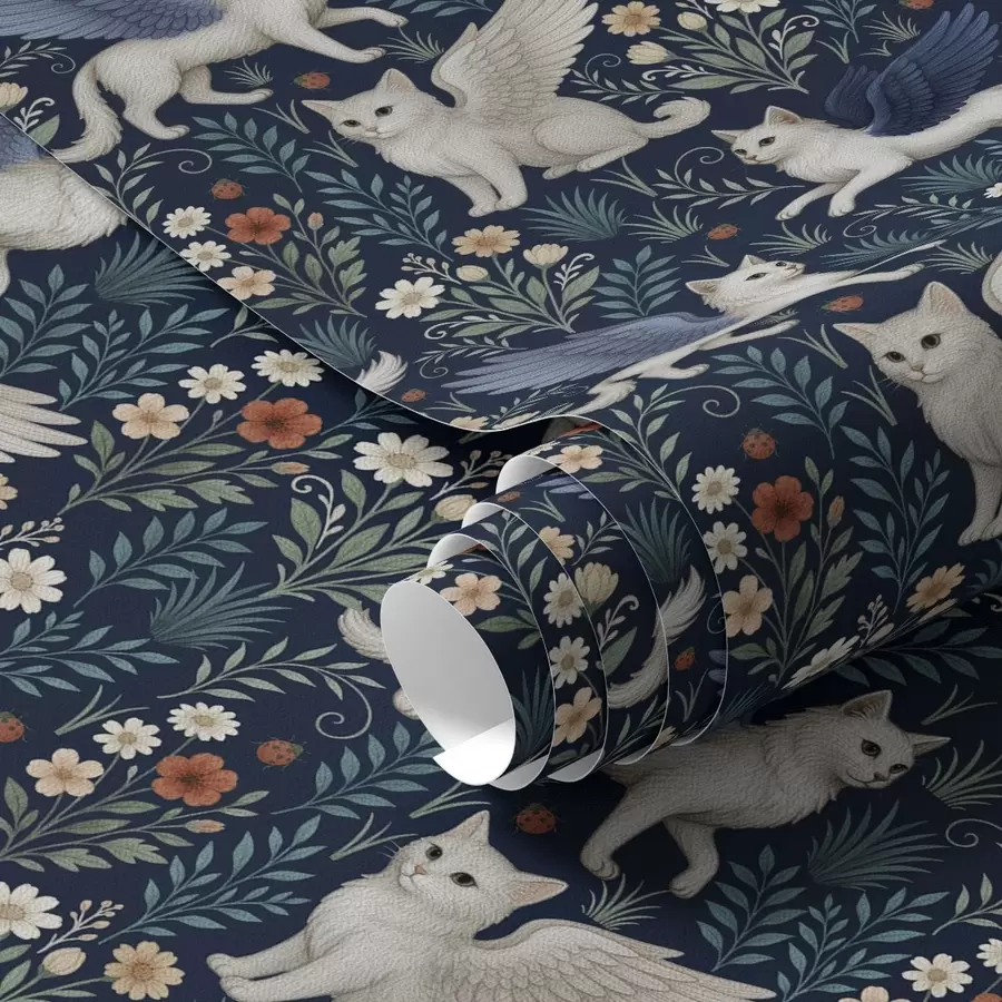 stenske poslikave Fantastične mačke s krili med rožami a00408