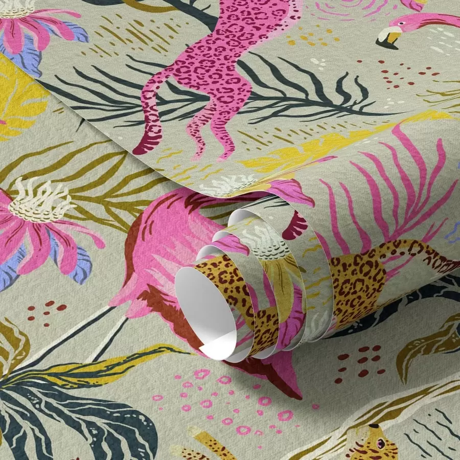 stenske poslikave Svetli flamingi in leopardi med tropskimi rastlinami a00470