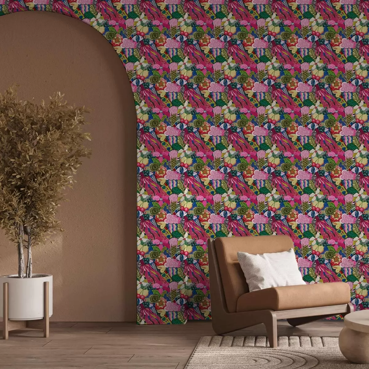 Ozadje Abstraktni pop-art s cvetjem, jagodami in vzorci a00471