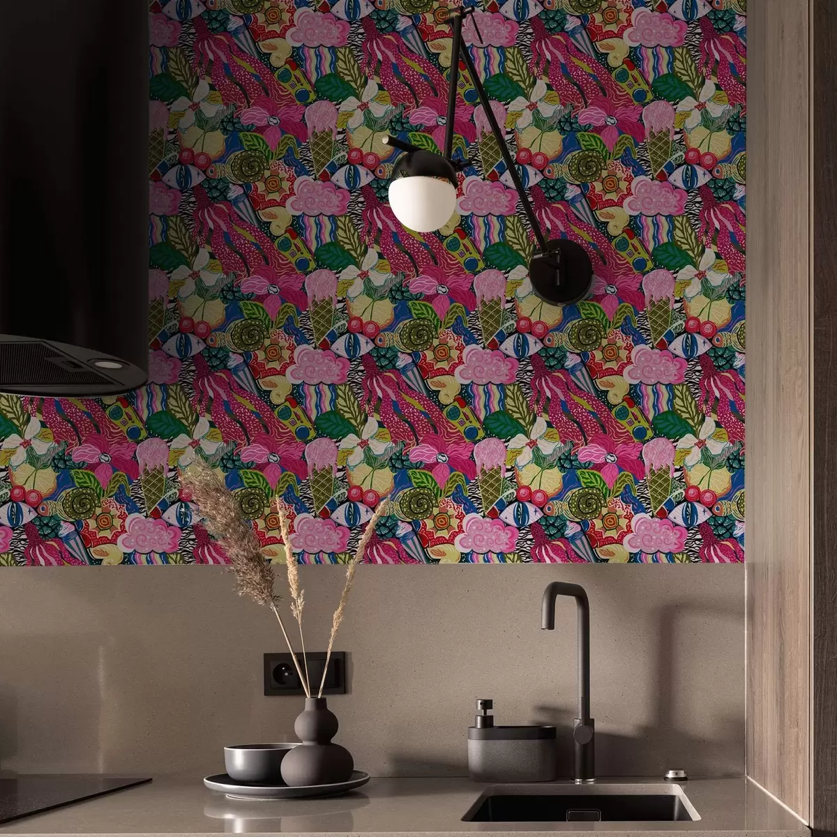 Ozadje Abstraktni pop-art s cvetjem, jagodami in vzorci a00471