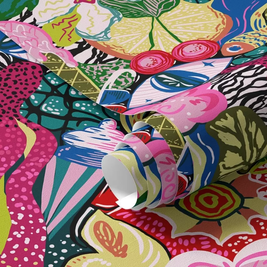 stenske poslikave Abstraktni pop-art s cvetjem, jagodami in vzorci a00471