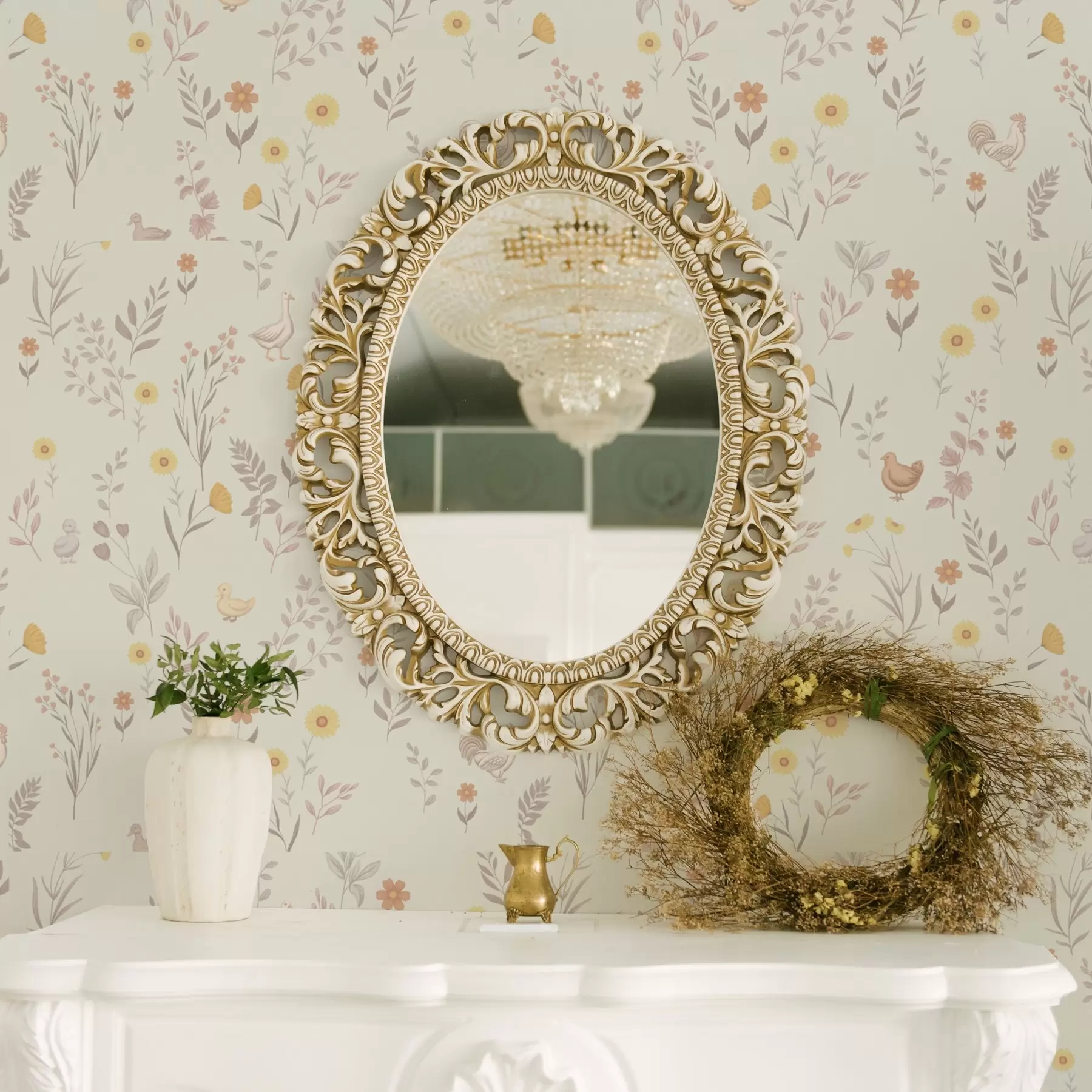 stenske poslikave Poljsko cvetje in piščanci v mehkih pastelnih tonih a00478