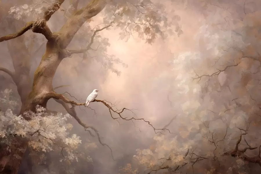 stenske poslikave mistični gozd z belo ptico w04314