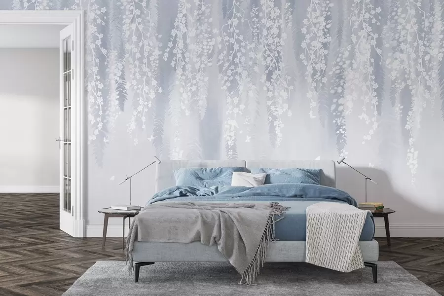 stenske poslikave Hladna modra različica vej z belimi cvetovi w04417v2