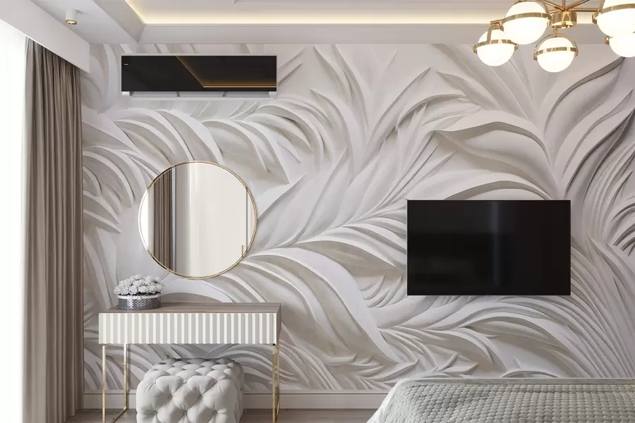 stenske poslikave Abstraktni teksturirani beli listi in cvetlični elementi, minimalistična estetika w09378