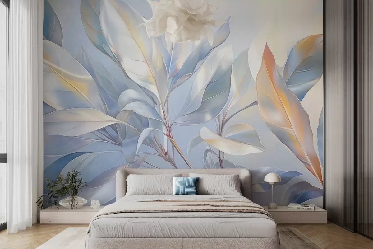 stenske poslikave Listi magnolije z belimi in modrimi odtenki, mehka osvetlitev, elegantna kompozicija, podrobne listne žile, umetniške poteze čopiča w09385