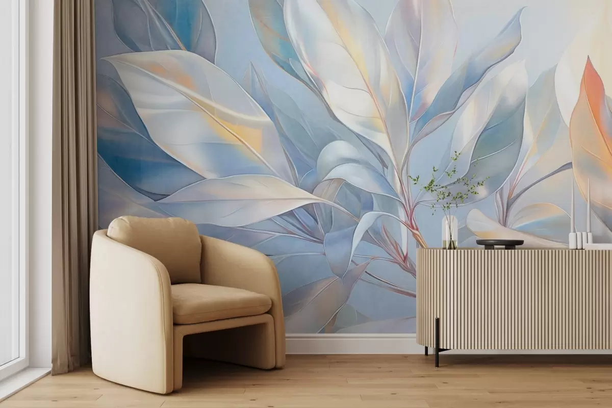 stenske poslikave Listi magnolije z belimi in modrimi odtenki, mehka osvetlitev, elegantna kompozicija, podrobne listne žile, umetniške poteze čopiča w09385