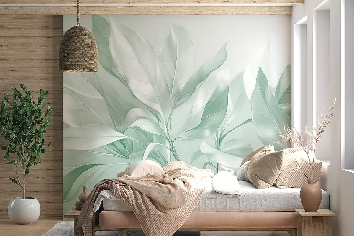 stenske poslikave Listi magnolije z belimi in zelenimi odtenki, mehka osvetlitev, elegantna kompozicija, podrobne listne žile, umetniške poteze čopiča w09385v1
