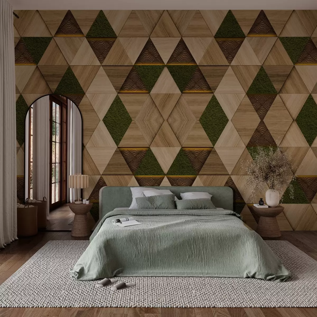 stenske poslikave Geometrijski leseni okrasek z mahom w04459