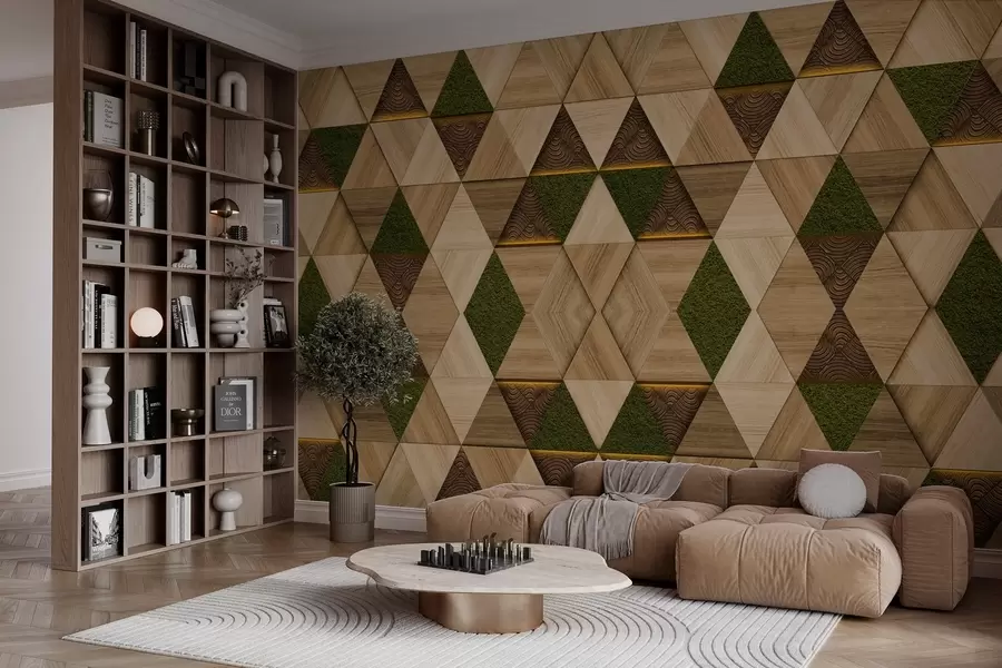 stenske poslikave Geometrijski leseni okrasek z mahom w04459