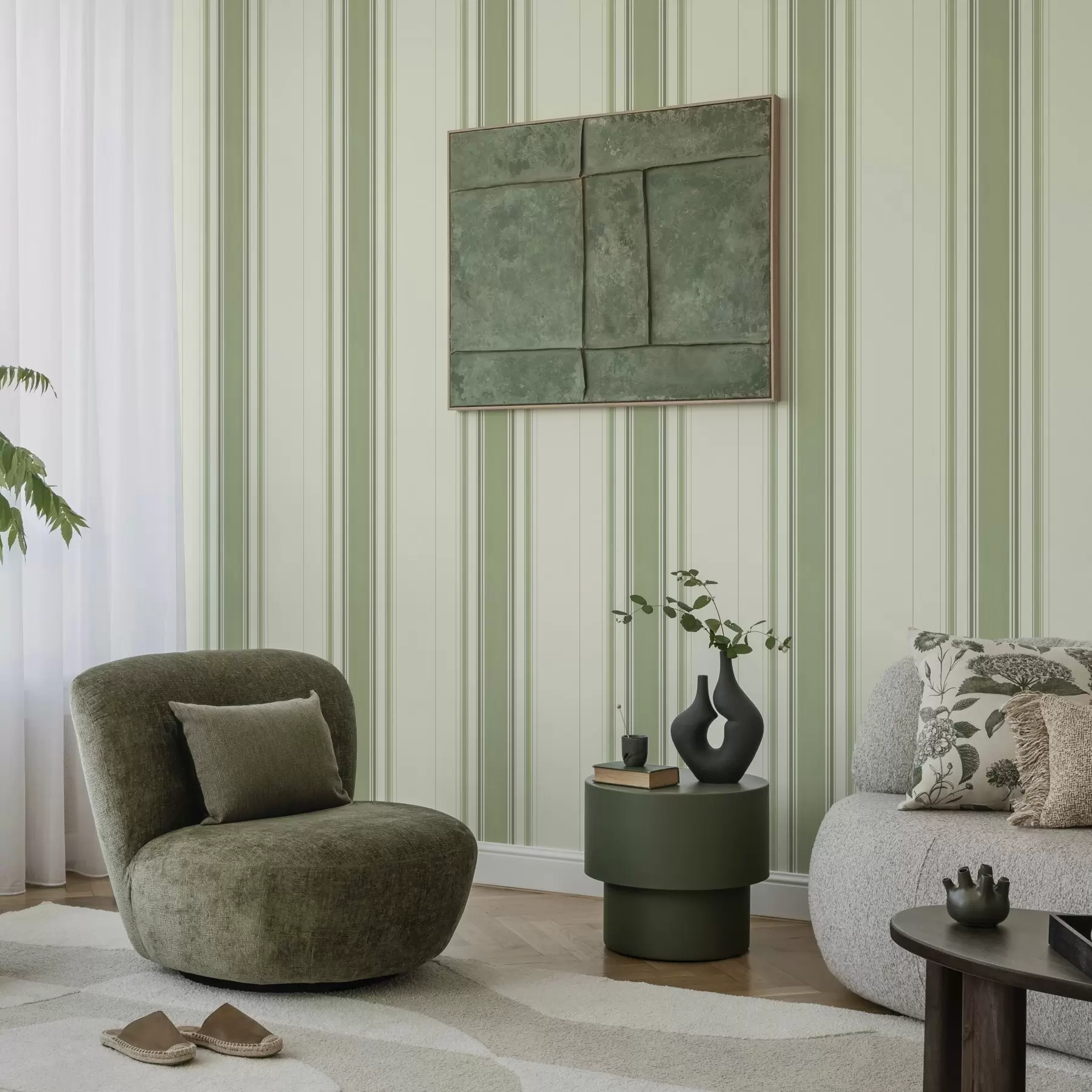 stenske poslikave Kremasto ozadje s široko zeleno sredinsko črto a00519