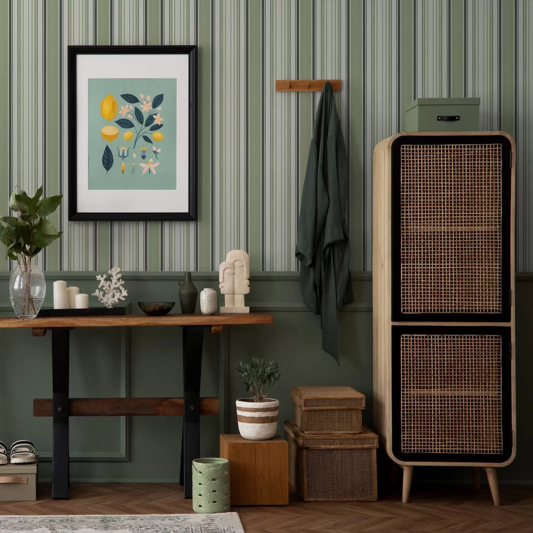 stenske poslikave Kremasto ozadje z mešanico zelenih in črnih črt a00563