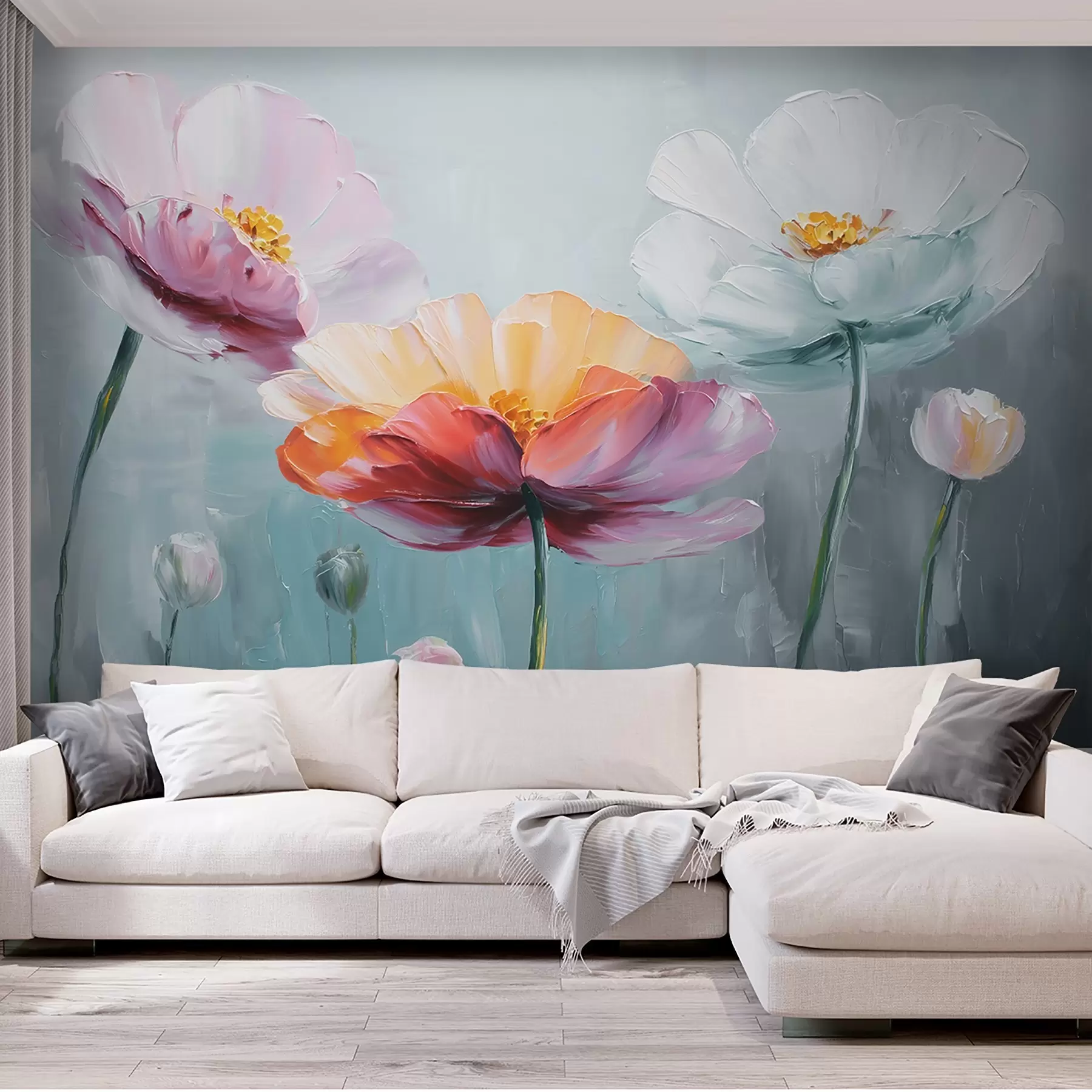 stenske poslikave Svetle rože v tehniki oljnega slikarstva na modrem ozadju w09310