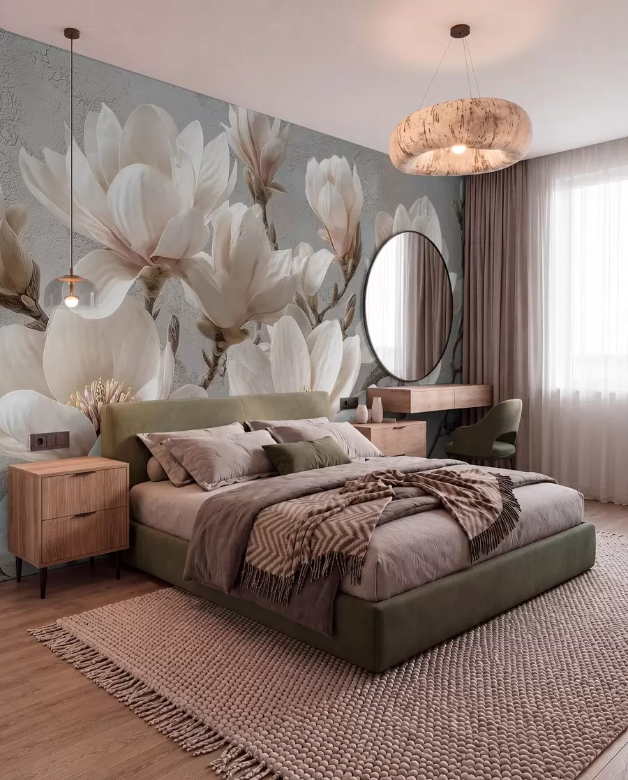 stenske poslikave Veje magnolije z velikimi svetlimi cvetovi v umirjenih tonih w09305